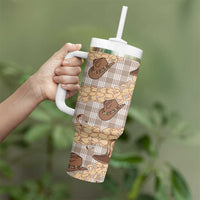 Khaki Palaka Hawaii Cowboy Tumbler With Handle Puakenikeni Lei Paniolo Papale Seamless Vibes - Polynesian Pride