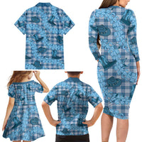 Cyan Palaka Hawaii Cowboy Family Matching Long Sleeve Bodycon Dress and Hawaiian Shirt Puakenikeni Lei Paniolo Papale Seamless Vibes - Polynesian Pride