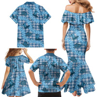 Cyan Palaka Hawaii Cowboy Family Matching Mermaid Dress and Hawaiian Shirt Puakenikeni Lei Paniolo Papale Seamless Vibes - Polynesian Pride