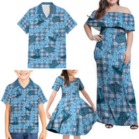 Cyan Palaka Hawaii Cowboy Family Matching Off Shoulder Maxi Dress and Hawaiian Shirt Puakenikeni Lei Paniolo Papale Seamless Vibes - Polynesian Pride