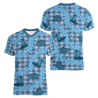 Cyan Palaka Hawaii Cowboy Women V-Neck T-Shirt Puakenikeni Lei Paniolo Papale Seamless Vibes LT14 - Polynesian Pride
