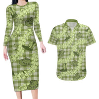Lime Palaka Hawaii Cowboy Couples Matching Long Sleeve Bodycon Dress and Hawaiian Shirt Puakenikeni Lei Paniolo Papale Seamless Vibes - Polynesian Pride