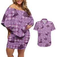 Purple Palaka Hawaii Cowboy Couples Matching Off Shoulder Short Dress and Hawaiian Shirt Puakenikeni Lei Paniolo Papale Seamless Vibes - Polynesian Pride