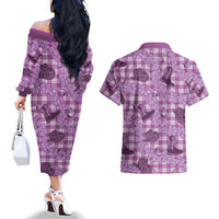 Purple Palaka Hawaii Cowboy Couples Matching Off The Shoulder Long Sleeve Dress and Hawaiian Shirt Puakenikeni Lei Paniolo Papale Seamless Vibes - Polynesian Pride