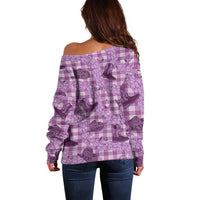 Purple Palaka Hawaii Cowboy Off Shoulder Sweater Puakenikeni Lei Paniolo Papale Seamless Vibes - Polynesian Pride
