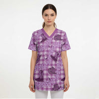 Purple Palaka Hawaii Cowboy Scrub Top Puakenikeni Lei Paniolo Papale Seamless Vibes - Polynesian Pride