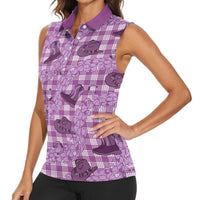 Purple Palaka Hawaii Cowboy Women Sleeveless Polo Shirt Puakenikeni Lei Paniolo Papale Seamless Vibes - Polynesian Pride