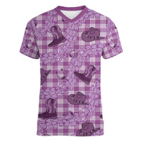 Purple Palaka Hawaii Cowboy Women V-Neck T-Shirt Puakenikeni Lei Paniolo Papale Seamless Vibes LT14 Female Purple - Polynesian Pride