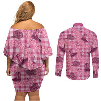 Pink Palaka Hawaii Cowboy Couples Matching Off Shoulder Short Dress and Long Sleeve Button Shirt Puakenikeni Lei Paniolo Papale Seamless Vibes - Polynesian Pride