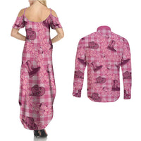 Pink Palaka Hawaii Cowboy Couples Matching Summer Maxi Dress and Long Sleeve Button Shirt Puakenikeni Lei Paniolo Papale Seamless Vibes - Polynesian Pride