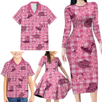 Pink Palaka Hawaii Cowboy Family Matching Long Sleeve Bodycon Dress and Hawaiian Shirt Puakenikeni Lei Paniolo Papale Seamless Vibes - Polynesian Pride