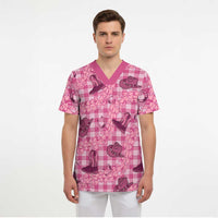 Pink Palaka Hawaii Cowboy Scrub Top Puakenikeni Lei Paniolo Papale Seamless Vibes LT14 - Polynesian Pride