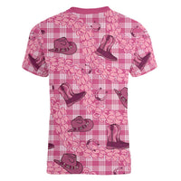 Pink Palaka Hawaii Cowboy Women V-Neck T-Shirt Puakenikeni Lei Paniolo Papale Seamless Vibes LT14 - Polynesian Pride