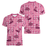 Pink Palaka Hawaii Cowboy Women V-Neck T-Shirt Puakenikeni Lei Paniolo Papale Seamless Vibes LT14 - Polynesian Pride