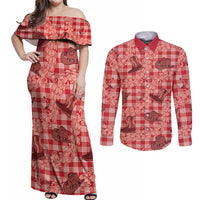 Red Palaka Hawaii Cowboy Couples Matching Off Shoulder Maxi Dress and Long Sleeve Button Shirt Puakenikeni Lei Paniolo Papale Seamless Vibes - Polynesian Pride