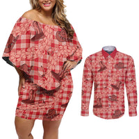 Red Palaka Hawaii Cowboy Couples Matching Off Shoulder Short Dress and Long Sleeve Button Shirt Puakenikeni Lei Paniolo Papale Seamless Vibes - Polynesian Pride