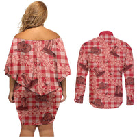 Red Palaka Hawaii Cowboy Couples Matching Off Shoulder Short Dress and Long Sleeve Button Shirt Puakenikeni Lei Paniolo Papale Seamless Vibes - Polynesian Pride
