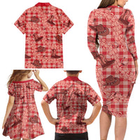 Red Palaka Hawaii Cowboy Family Matching Long Sleeve Bodycon Dress and Hawaiian Shirt Puakenikeni Lei Paniolo Papale Seamless Vibes - Polynesian Pride
