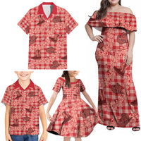 Red Palaka Hawaii Cowboy Family Matching Off Shoulder Maxi Dress and Hawaiian Shirt Puakenikeni Lei Paniolo Papale Seamless Vibes - Polynesian Pride