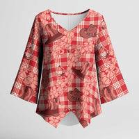 Red Palaka Hawaii Cowboy Kimono Sleeve Blouse Puakenikeni Lei Paniolo Papale Seamless Vibes - Polynesian Pride