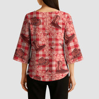 Red Palaka Hawaii Cowboy Kimono Sleeve Blouse Puakenikeni Lei Paniolo Papale Seamless Vibes - Polynesian Pride