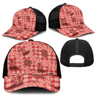 Red Palaka Hawaii Cowboy Mesh Trucker Cap Puakenikeni Lei Paniolo Papale Seamless Vibes - Polynesian Pride