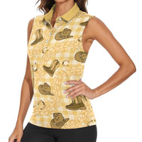 Yellow Palaka Hawaii Cowboy Women Sleeveless Polo Shirt Puakenikeni Lei Paniolo Papale Seamless Vibes - Polynesian Pride
