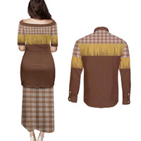 Aloha Hawaii Cowboy Custome Couples Matching Puletasi and Long Sleeve Button Shirt Puakenikeni Lei Palaka Tassel Style - Polynesian Pride