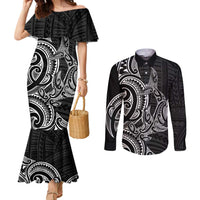 New Zealand Hammerhead Shark Couples Matching Mermaid Dress and Long Sleeve Button Shirt Maori Haehae Mangopare Black - Polynesian Pride