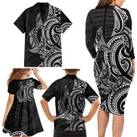 New Zealand Hammerhead Shark Family Matching Long Sleeve Bodycon Dress and Hawaiian Shirt Maori Haehae Mangopare Black - Polynesian Pride