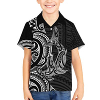 New Zealand Hammerhead Shark Family Matching Short Sleeve Bodycon Dress and Hawaiian Shirt Maori Haehae Mangopare Black - Polynesian Pride