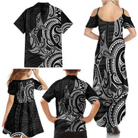 New Zealand Hammerhead Shark Family Matching Summer Maxi Dress and Hawaiian Shirt Maori Haehae Mangopare Black - Polynesian Pride