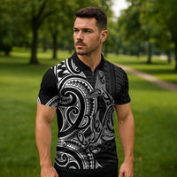 New Zealand Hammerhead Shark Zipper Polo Shirt Maori Haehae Mangopare Black - Polynesian Pride