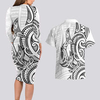 New Zealand Hammerhead Shark Couples Matching Long Sleeve Bodycon Dress and Hawaiian Shirt Maori Haehae Mangopare White - Polynesian Pride