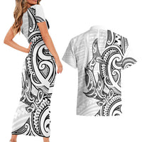 New Zealand Hammerhead Shark Couples Matching Short Sleeve Bodycon Dress and Hawaiian Shirt Maori Haehae Mangopare White - Polynesian Pride