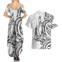 New Zealand Hammerhead Shark Couples Matching Summer Maxi Dress and Hawaiian Shirt Maori Haehae Mangopare White - Polynesian Pride