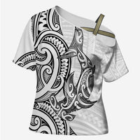 New Zealand Hammerhead Shark Cross Shoulder Shirt Maori Haehae Mangopare White LT14 Female White - Polynesian Pride