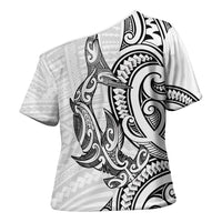 New Zealand Hammerhead Shark Cross Shoulder Shirt Maori Haehae Mangopare White LT14 - Polynesian Pride