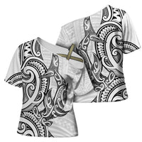New Zealand Hammerhead Shark Cross Shoulder Shirt Maori Haehae Mangopare White LT14 - Polynesian Pride
