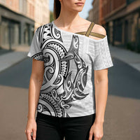 New Zealand Hammerhead Shark Cross Shoulder Shirt Maori Haehae Mangopare White LT14 - Polynesian Pride