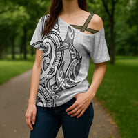 New Zealand Hammerhead Shark Cross Shoulder Shirt Maori Haehae Mangopare White LT14 - Polynesian Pride