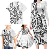 New Zealand Hammerhead Shark Family Matching Long Sleeve Bodycon Dress and Hawaiian Shirt Maori Haehae Mangopare White - Polynesian Pride