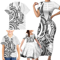 New Zealand Hammerhead Shark Family Matching Short Sleeve Bodycon Dress and Hawaiian Shirt Maori Haehae Mangopare White - Polynesian Pride