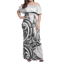New Zealand Hammerhead Shark Off Shoulder Maxi Dress Maori Haehae Mangopare White - Polynesian Pride