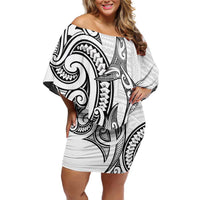 New Zealand Hammerhead Shark Off Shoulder Short Dress Maori Haehae Mangopare White - Polynesian Pride