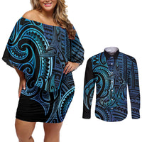 New Zealand Hammerhead Shark Couples Matching Off Shoulder Short Dress and Long Sleeve Button Shirt Maori Haehae Mangopare Galaxy - Polynesian Pride