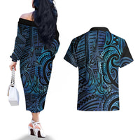 New Zealand Hammerhead Shark Couples Matching Off The Shoulder Long Sleeve Dress and Hawaiian Shirt Maori Haehae Mangopare Galaxy - Polynesian Pride