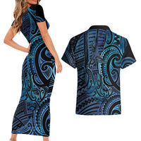 New Zealand Hammerhead Shark Couples Matching Short Sleeve Bodycon Dress and Hawaiian Shirt Maori Haehae Mangopare Galaxy - Polynesian Pride