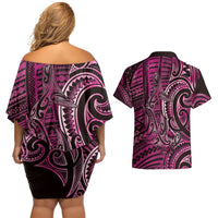 New Zealand Hammerhead Shark Couples Matching Off Shoulder Short Dress and Hawaiian Shirt Maori Haehae Mangopare Pink - Polynesian Pride