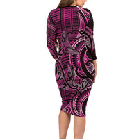 New Zealand Hammerhead Shark Family Matching Long Sleeve Bodycon Dress and Hawaiian Shirt Maori Haehae Mangopare Pink - Polynesian Pride